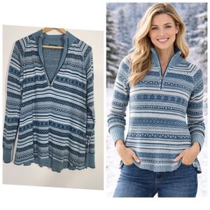 Eddie Bauer womens XXL Blue‎ Fair Isle Nordic Quarter Zip Knit Sweater ski cabin